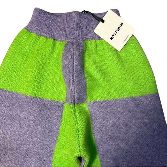 Nocturne Lime Green & Gray Check Wide Leg High Waisted Sweater Pants NEW - Picture 2 of 5